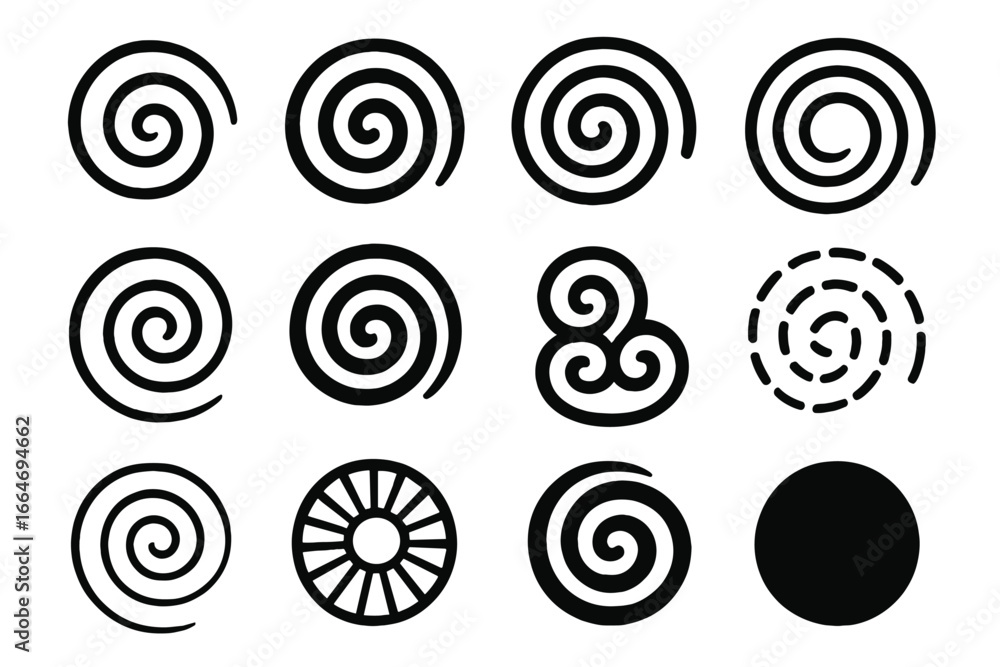 Poster set of various abstract spiral vector elements. collection of simple hypnotic swirl, vortex, and cir