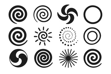 Abstract spiral and circular shapes set. Vector graphic elements for design. Hypnotic swirls, sun symbol, vortex icons. Black and white decorative patterns collection.