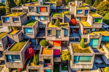 Modern Brutalist Architecture: Aerial View of a Home with High, Narrow Windows