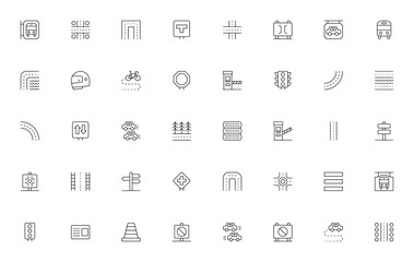 Traffic icon set. Vector transportation symbols. Includes bus stop, crossing roads, traffic lights, highway, roundabout, street signs, cars, parking, and more. Editable stroke.