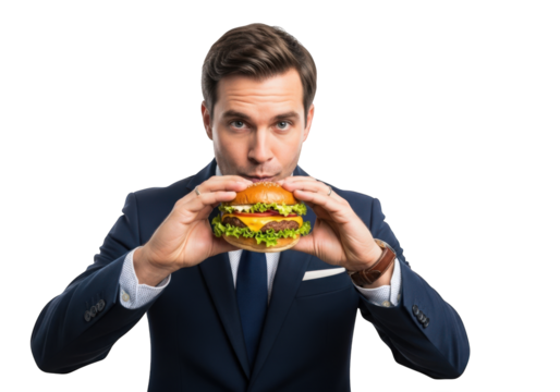 Enthusiastic Businessman Holding a Delicious Burger Ready to Eat in a Studio Setting with a Transparent Background for Easy Integration into Design Projects