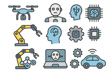 Various icons representing advanced robotics, artificial intelligence, drones, robotic arms, computer chips, automation, and smart technology concepts. Vector cartoon illustration.