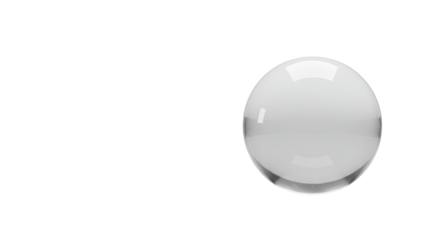 Pristine, transparent glass orb, spherical, refractive, on transparent surface in high-tech studio with infinite background, soft lighting. Concept of clarity, innovation and future