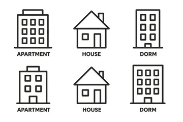 Building icon set. House, apartment, dorm symbols. Simple line art for real estate, architecture concepts. Vector pictogram collection of living spaces, homes, and property.