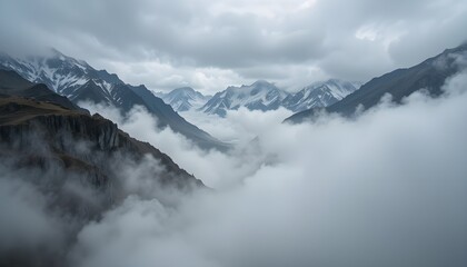 Obraz premium A view of snow capped mountains piercing through a sea of clouds under a cloudy sky landscape scene