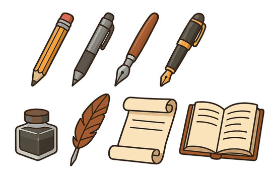 Writing tools and literary artifacts showcasing classic and modern pens, pencils, quill, ink bottle, scroll, and open book for creative expression and writing inspiration vector illustration