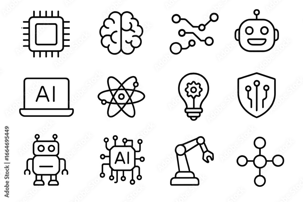 Poster technology, ai, and robotics line icon set, digital innovation and future tech vector collection, ar