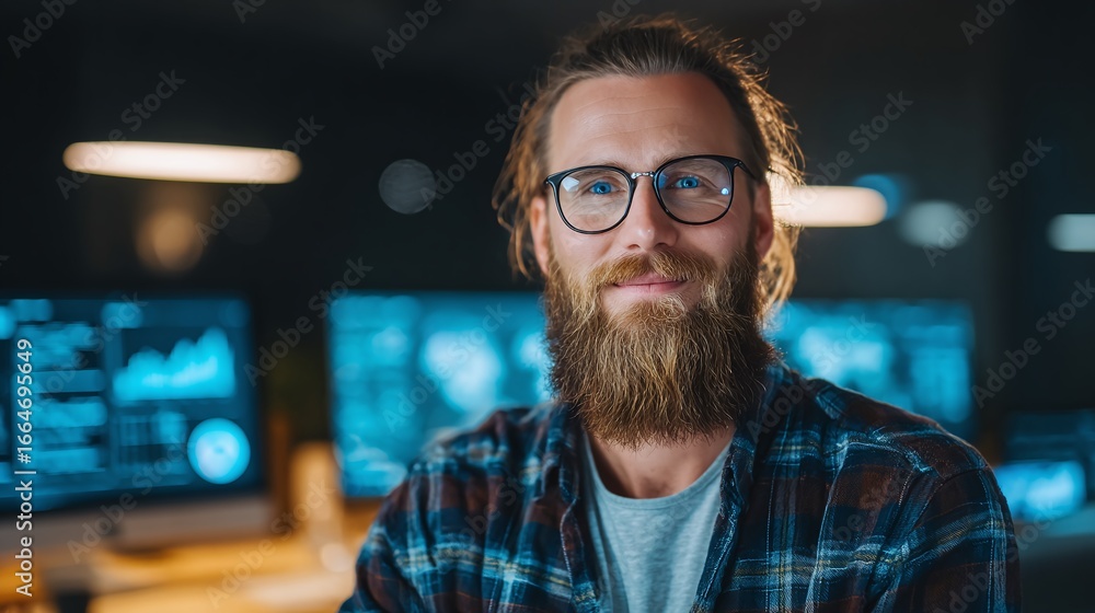 Aufkleber portrait of a bearded man wearing glasses. behind him are computer monitors displaying data, suggest