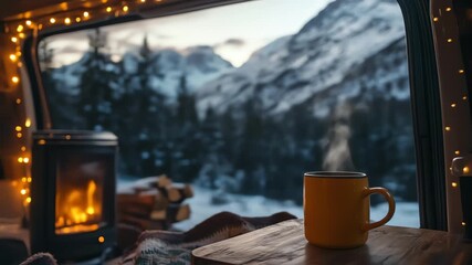 Warm drink steams beside a cozy fire, viewed through a van window showing a snowy mountain range at sunset, evoking peace and winter wanderlust