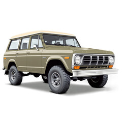 Olive green vintage SUV with a white roof on a white background.