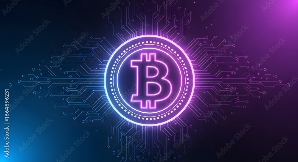 Poster neon glowing bitcoin icon with circuit board design. cryptocurrency concept with futuristic blockcha