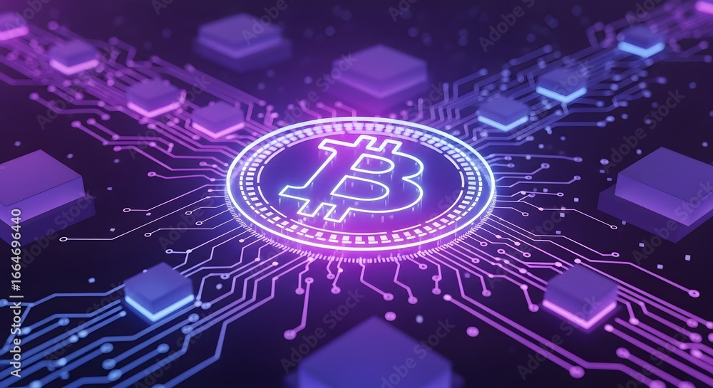 Poster neon glowing bitcoin coin on circuit board. digital finance and cryptocurrency mining technology bac