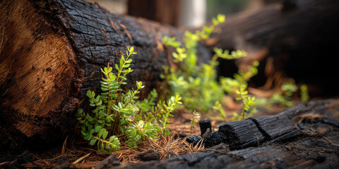 Fototapeta premium Young green plant growing near burnt wood log in forest with fresh growth and natural light