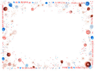 Festive patriotic celebration border with balloons confetti and fireworks isolated on transparent background