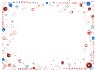 Festive patriotic celebration border with balloons confetti and fireworks isolated on transparent background