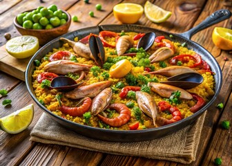 Sunny Rustic Spanish Paella: Top-Down View of Vibrant Seafood & Chorizo Rice Dish in Traditional Pan on Weathered Wooden Table