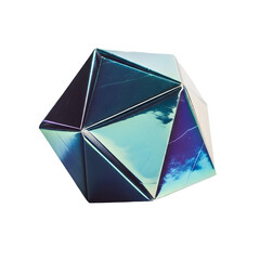 Abstract three-dimensional geometric shape with a shimmering iridescent surface. Modern futuristic design object reflecting vibrant colors isolated on white