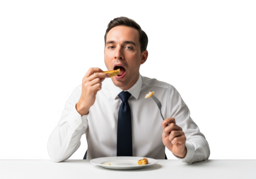 Intriguing Image of a Man in a Dress Shirt, Engrossed in Savoring a Delectable Dish with Utensils Against a Clean, Transparent Backdrop