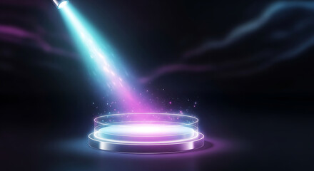 Futuristic stage with a bright spotlight beam and glowing effects
