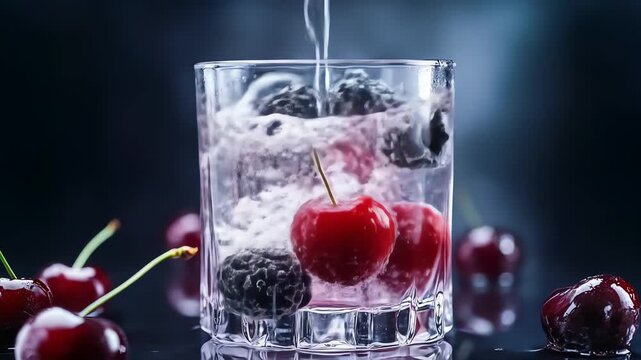 Cherries and blackberries falling into water, creating bubbles and a refreshing drink Glass reflects dark background, showcasing juicy fruit and vibrant colors A visual representation of summer refres