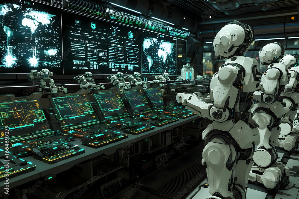 Aufkleber futuristic robots guarding advanced command center with vibrant holographic displays and detailed gl
