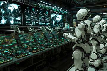 Futuristic robots guarding advanced command center with vibrant holographic displays and detailed global data visualizations in a high-tech environment