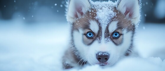 Adorable husky puppy in snow, bluewhite tones, cinematic close shot