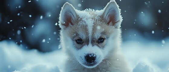 Adorable husky puppy in snow, bluewhite tones, cinematic close shot