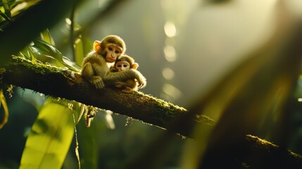 Two Adorable Baby Monkeys Embracing on a Mossy Tree Branch Surrounded by Vibrant Green Jungle Foliage