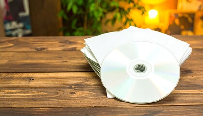 A stack of white CD cases rests on a wooden table, displaying a single shiny silver disc.