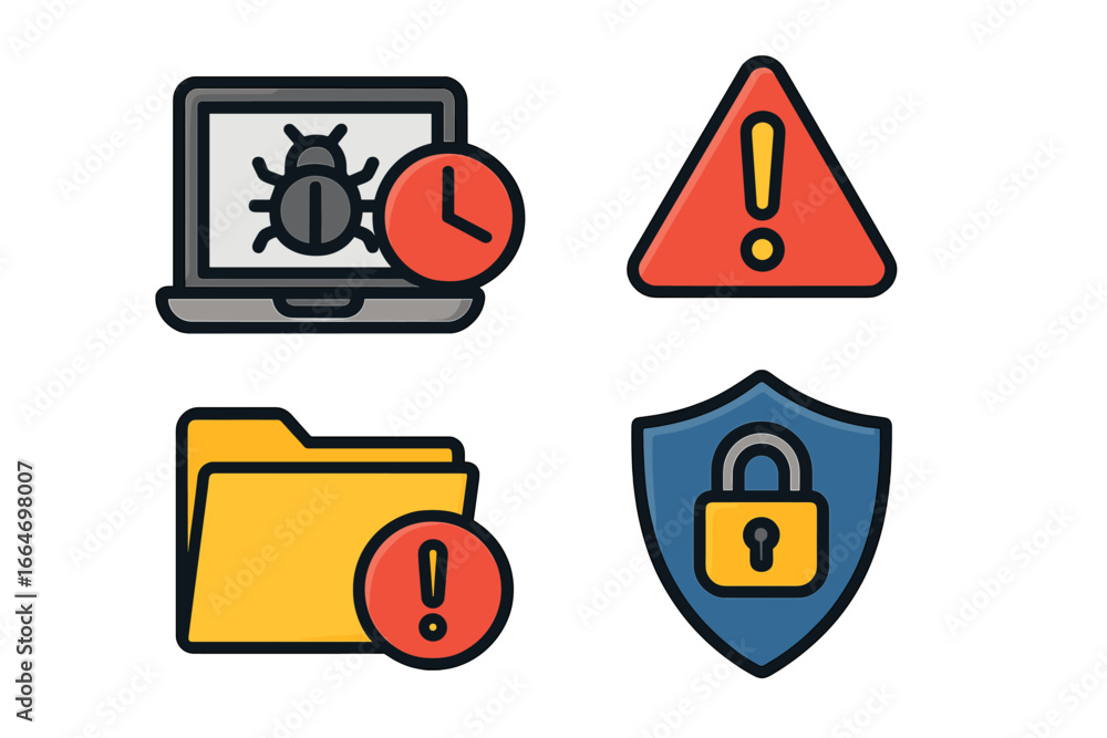 Poster security icons representing computer vulnerabilities, alerts, and protection measures in technology 