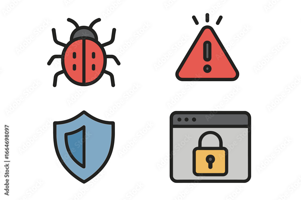 Poster security icons representing digital vulnerabilities, alerts, protection measures, and cybersecurity 