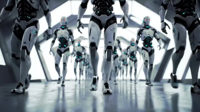 Futuristic Robot Army Marching Through Sleek Modern Corridor.
