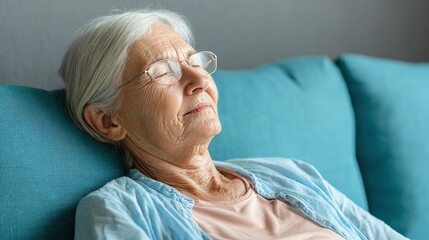 Serene elderly woman with glasses resting peacefully on a blue couch, eyes closed, basking in a moment of relaxation and tranquility.