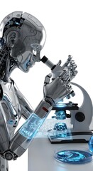 Fototapeta premium Humanoid android studying samples under futuristic microscope, laboratory theme, high-detail chrome body, isolated on white background. 