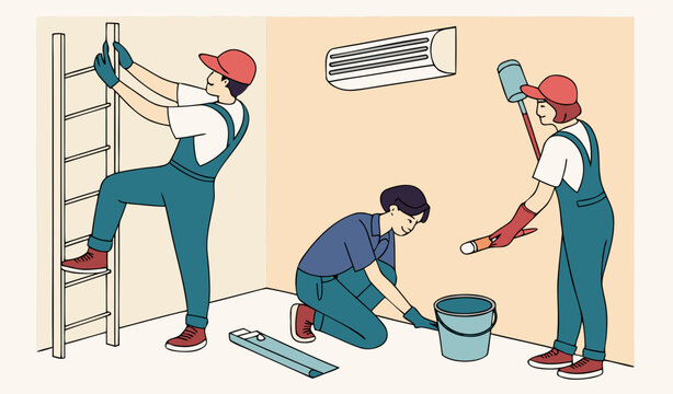 Professional repair team of three workers fix air-conditioner, clogged water pipe in bathroom, glue wallpaper in room. Rolls of wallpaper, roller, bucket of glue on floor. Vector illustration 