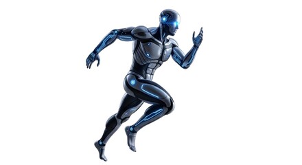 Futuristic humanoid android in sprinting pose, athletic cybernetic design, glowing circuits on limbs, sports AI concept, pure white background.
