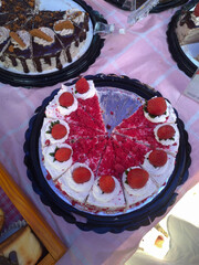 Mille Crepe Cake with Strawberry Topping, Sliced into Portions