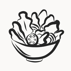 Ink Salad Bowl Illustration. Fresh healthy Vegetarian Vitamin Food. Summer Rest and Vacation Resort Travel Theme Decorative Contour Line Symbol. Fresh Morning Breakfast or Dinner Lunch Symbol Icon