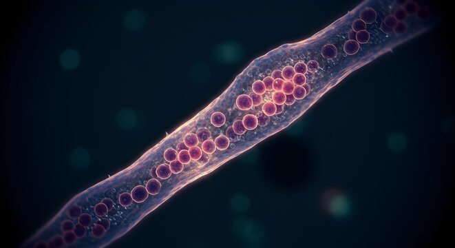 Bloodstream visualization showing red blood cells flowing through vessel
