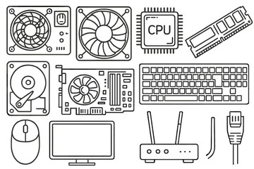 Line Art Illustrations of Various Technological Components in a Grid Layout, Vector Cartoon Style, Transparent Background, Computer Hardware and Peripherals Set