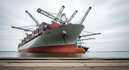 Fototapeta premium A large cargo ship is being loaded with containers by cranes at a port.
