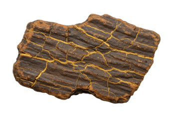 Organically shaped dark umber petrified wood or weathered bark, golden crackle patterns, isolated on transparent studio background with negative space, concept of natural resilience and integrity