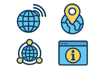 Modern digital flat icons showing global connectivity, internet communication, location pin, network sharing, and information concepts in vibrant vector cartoon style on transparent background