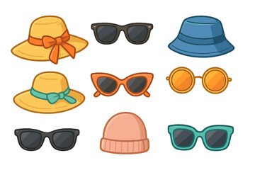 Variety of stylish hats and sunglasses collection for summer fashion inspiration, trendy accessories, colorful summer wear, cartoon vector illustration, transparent background, ordered set