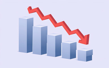 3D illustration features a bar graph with five vertical bars, indicating a decreasing trend, and a red zigzag line, highlighting a clean, modern, and uncluttered design.