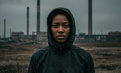A serious-faced Black woman in a hooded jacket stands before a blurred industrial landscape with smokestacks under a somber sky.