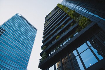 Naklejka premium Modern skyscrapers with vertical garden balconies, sustainable architecture, green building, eco city.
