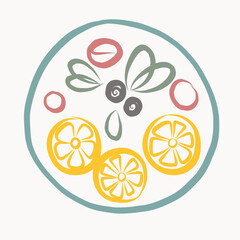 Ink Fruit Bowl. Fresh healthy Vegetarian Vitamin Food. Summer Rest and Vacation Resort Travel Theme Decorative Contour Line Symbol. Fresh Morning Breakfast or Dinner Lunch Symbol Icon