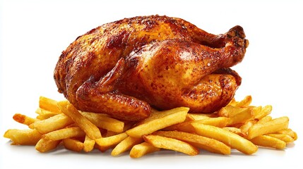 Crispy roast chicken resting on a bed of golden fries. A classic comfort food combination, ready to be enjoyed.